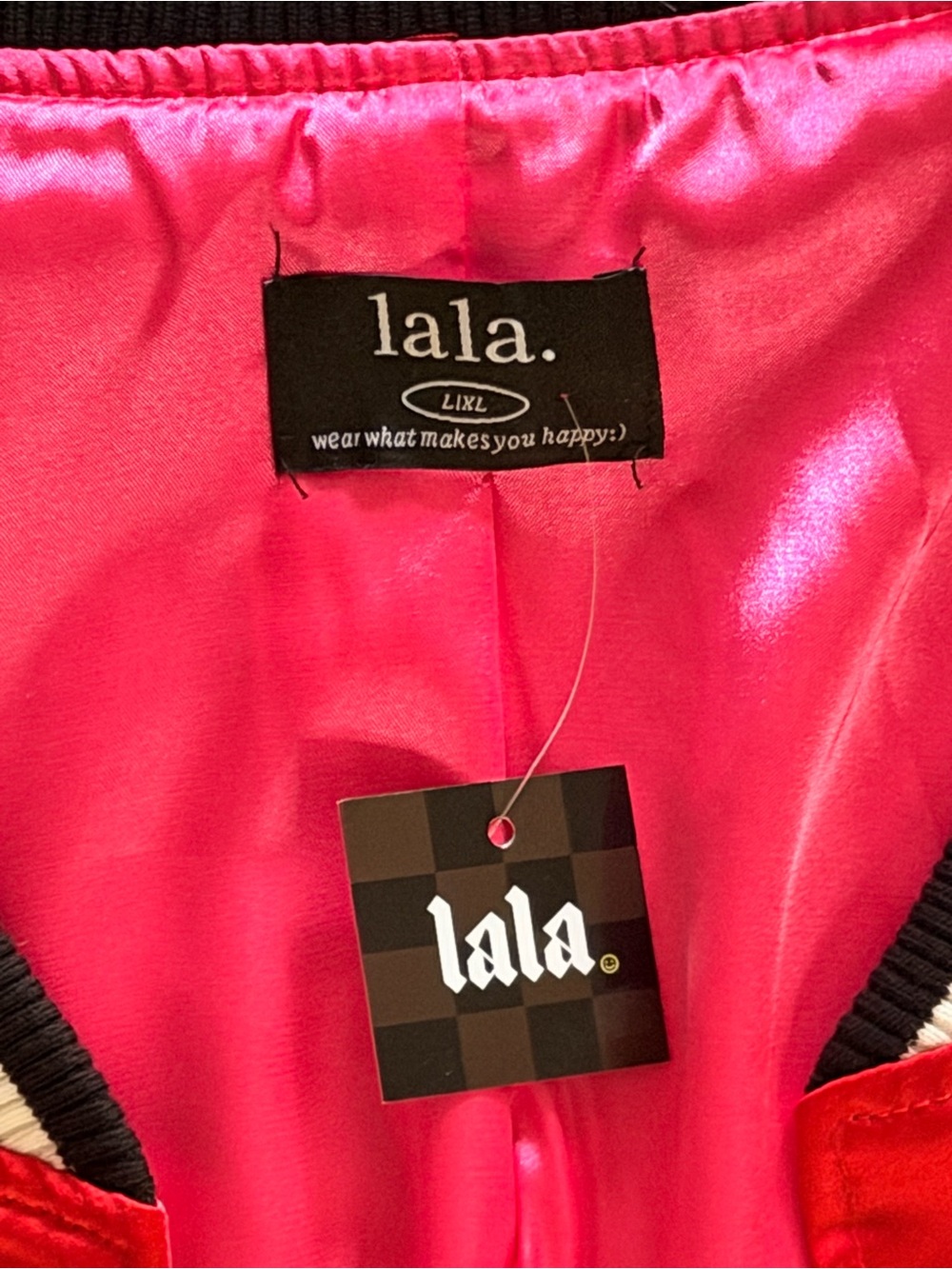 Dressed in LALA Red and Hot Pink Satin Bomber Cape - Picture 4 of 7